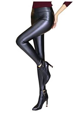 Calça legging feminina UbdehL de couro sintético elástica de cintura alta, Preto, L