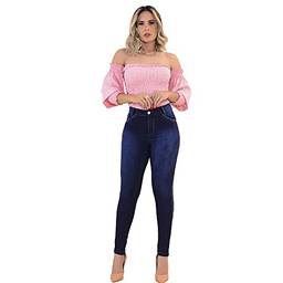 Calça Jeans Feminina Skinny Empina Bumbum Cintura Alta Cós Alto Azul 3505