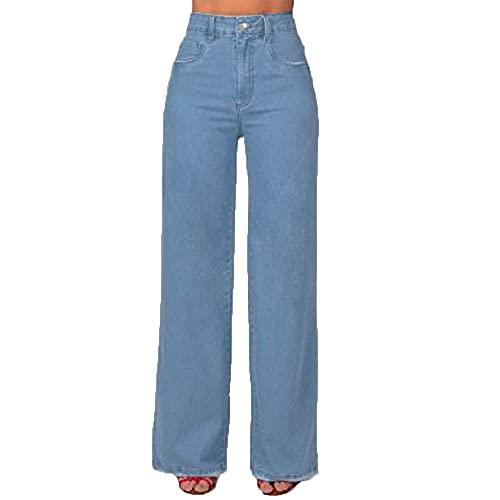 Calça Jeans Feminina Wide Leg Cintura Alta Denim (Azul Claro, 44)