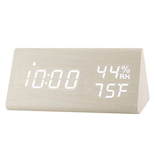Relógio Despertador Digital, com display eletrônico de LED de madeira para as horas, 3 configurações de alarme, Detecção de umidade temperatura, Relógios em forma de triângulo para cabeceira do quarto