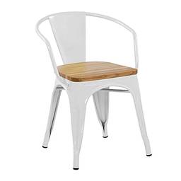 Cadeira Iron Tolix com apoio de braços e assento de madeira rústica clara - Branco