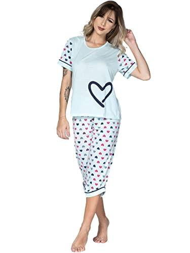 Pijama Feminino Pescador Bermuda Adulto Blusa Calça Curta Inverno Barato Cor:Azul;Tamanho:G