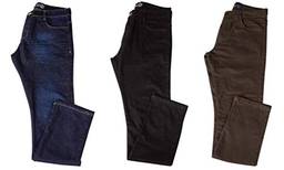 Kit com 3 Calças Jeans Sarja Masculina Skinny Slim com Lycra - Jeans Escuro, Preta e Verde - 48