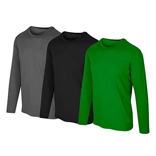 Kit com 3 Camisetas Proteção Solar Uv 50 Ice Tecido Gelado – Slim Fitness – Preto – Verde – Cinza – G