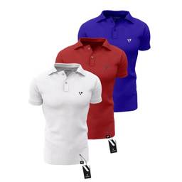 Kit 3 Camisas Gola Polo Voker Com Proteção Uv Premium - M - Vermelho, Branco e Azul