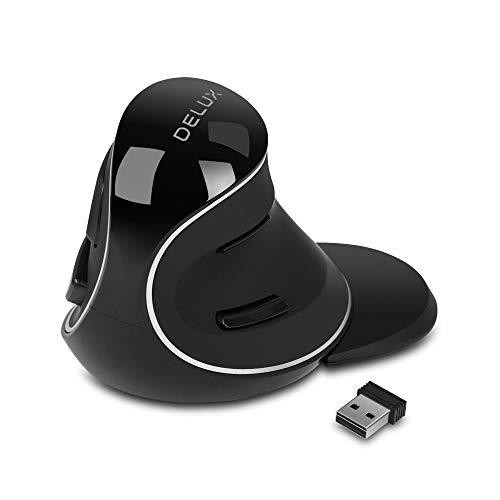 DELUX Mouse ergonômico sem fio com receptor USB 2,4G, mouse silencioso vertical com 3 DPI ajustáveis (800/1200/1600), 6 botões, descanso de pulso removível para computador laptop PC (M618Plus Wireless-Black)