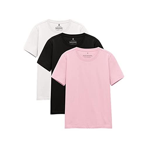 basicamente. Kit 3 Camisetas Gola C Unissex; basicamente; Branco/Preto/Rosa Orquídea 4