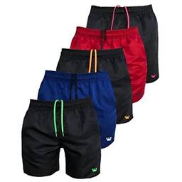 Kit 5 Shorts Moda Praia Lisos Masculinos Tactel Com Cordão Neon Relaxado (P, Preto (Verde, Rosa E Laranja) Azul E Vermelho)