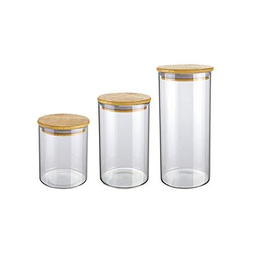 Conjunto com 3 Potes de Vidro transparente Slim com tampa Bambu, VDR6804-3, Euro Home