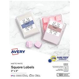 Avery Etiquetas quadradas imprimíveis – Ótimo para etiquetas em jarras, Sure Feed, 5 x 5 cm, 120 etiquetas brancas (22816)