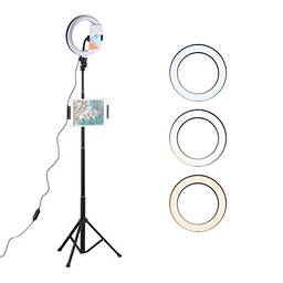 Luz de anel de LED para selfie de 8 polegadas, 3 modos, 10 níveis de brilho com tripé (altura máxima de 150 cm), Suporte para telefone e tablet BT, Controle remoto para fotos de transmissão ao vivo, Miaoqian