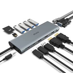 Akasa USB Type-C 14-em-1 Dock | Dual 4K HDMI, 1080P VGA, 2 portas Tipo-C, 3 USB 3.2, 2 USB 2.0, Ethernet, Leitor de cartão SD/Micro, Conector de áudio | PD 60W | Espaço Cinza | AK-CBCA28-18BK