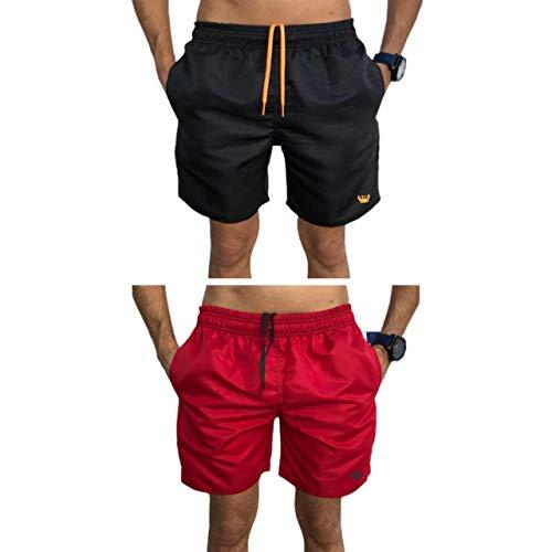 Kit 2 Shorts Bermudas Lisas Siri Relaxado Cordão Neon (Preto/Laranja e Vermelho, GG)