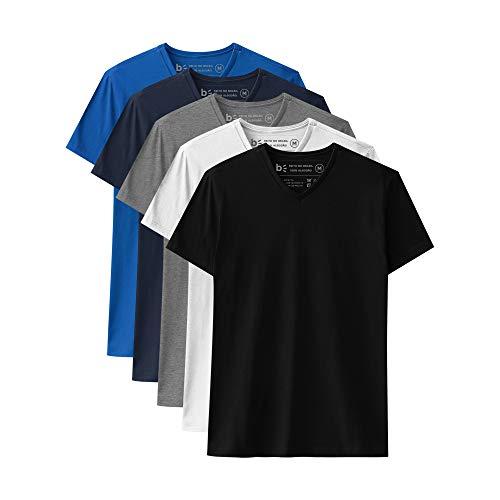 Kit 5 Camiseta Básica Gola V; Basicamente; Masculino; Branco/Preto/Azul Royal/Azul Marinho/Mescla Escuro P