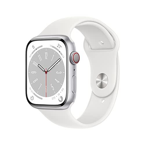 Apple Watch Series 8 (GPS + Cellular), Smartwatch com caixa prateada de alumínio – 45 mm • Pulseira esportiva branca – Padrão