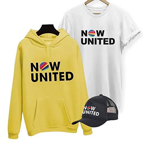 Moletom Canguru Banda Now United + Camiseta Algodão + Boné (GG, Amarelo/Branco)