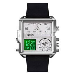 Relógio masculino Esportivo Digital SKMEI, Relógio de pulso de quartzo analógico quadrado de LED grande com cronômetro à prova d'água com fuso multihorário, Negócio, Silver Black-light, 1.78*1.61*0.55 inch
