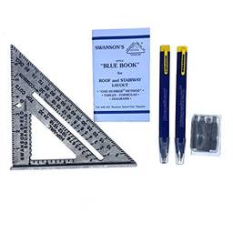 O pacote econômico Swanson Tool Co S0101CP216 inclui um quadrado de velocidade de 18 cm com livro azul e 2 lápis de carpinteiro Always Sharp com pontas de substituição de grafite preto extra