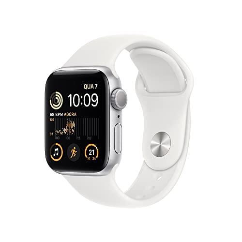 Apple Watch SE (2a geração) GPS, Smartwatch com caixa prateada de alumínio – 40 mm • Pulseira esportiva branca – Padrão