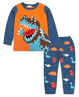 Amzbarley Conjuntos de pijama de mangas compridas de dinossauro para meninos pequenos Pijamas para crianças T-Shirt Calças Roupas Ternos Azul por 3 a 4 anos
