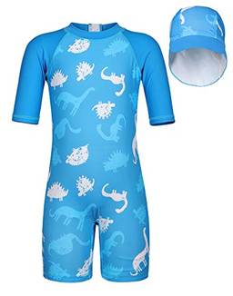 Cotrio Maiô de dinossauro para meninos fato de banho Rashguard roupa de banho de proteção solar infantil mangas 3/4 banho com chapéu tamanho 7T / 6-7 anos azul