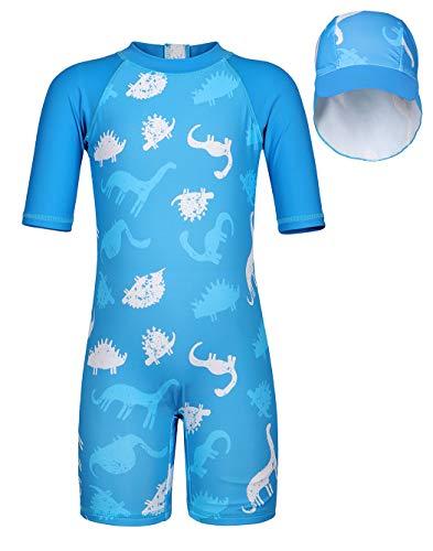 Cotrio Maiô de dinossauro para meninos fato de banho Rashguard roupa de banho de proteção solar infantil mangas 3/4 banho com chapéu tamanho 4T / 3-4 anos azul