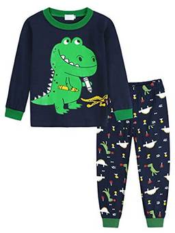 Amzbarley Conjuntos de pijama de mangas compridas de dinossauro para meninos pequenos Pijamas para crianças T-Shirt Calças Roupas Ternos Azul por 5 a 6 anos