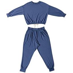 Pijama Cropped Manga Longa Modal Soft, She, Azul Jeans Escuro, P