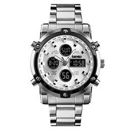 Romacci Relógio da moda tendência multifuncional mostrador grande de três vezes relógios com pulseira de aço eletrônico prateado + prateado