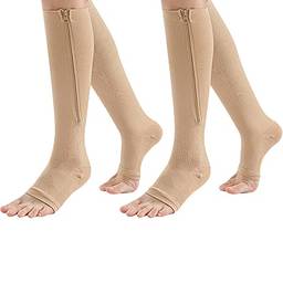 (2 pares) Meias de compressão com zíper médico 15 – 20 mmHg Suporte de zíper na perna unissex Joelho de bico aberto, Bege, Large/X-Large