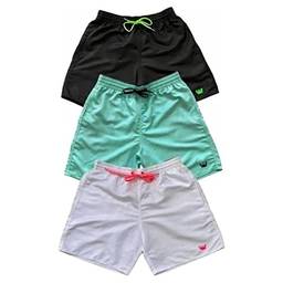 Kit 3 Shorts Lisos Masculinos Cordão Neon Moda Praia Tactel Com Bolsos Relaxado (P, Preto-Verde, Branco-Rosa E Verde Agua)