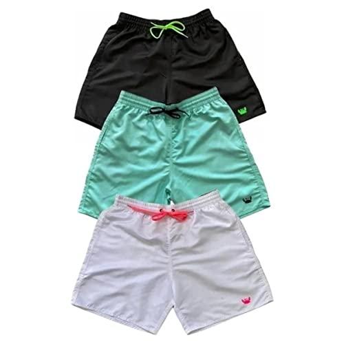 Kit 3 Shorts Lisos Masculinos Cordão Neon Moda Praia Tactel Com Bolsos Relaxado (M, Preto-Verde, Branco-Rosa E Verde Agua)