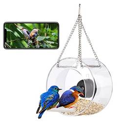 Alimentador de pássaros com câmera,Alimentador de pássaros de janela clara com ventosa de câmera wi-fi, alimentador de pássaros redondo transparente inteligente com cartão de 16 gb tf tomada de fotos gravação de vídeo IR visão