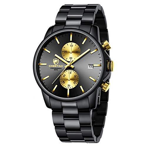 GOLDEN HOUR Relógios masculinos com aço inoxidável e metal casual relógio de quartzo cronógrafo à prova d'água, data automática em ponteiros de ouro