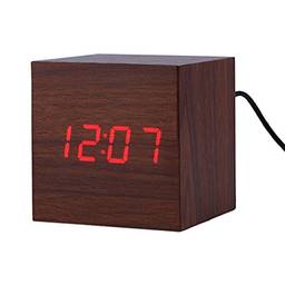 Relógio despertador digital de mesa de calendário moderno cubo de madeira moderno, moderno, moderno, moderno, com LED para cabeceira, casa, escritório, sala de estar