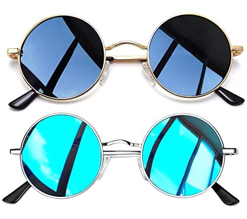 Óculos de Sol Joopin Redondos Femininos e masculinos Polarizados, John Lennon Pequeno Círculo Hippie Vintage Retrô Steampunk Armação de Metal com proteção UV (Ouro Preto+Azul)