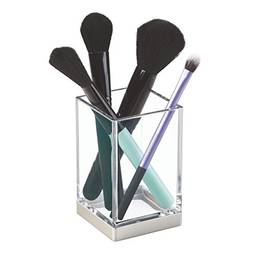 iDesign Clarity Suporte de escova de dentes de metal para maquiagem, para banheiro, bancada, mesa, dormitório, faculdade e penteadeira, transparente e escovado, 6,35 x 6,35 x 10,16 cm