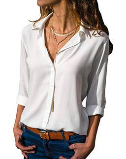 Cotrio Blusa feminina de manga comprida com botão cor sólida Camiseta casual básica com decote em V tamanho 2XL branco