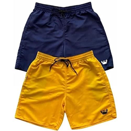 Kit 2 Shorts Moda Praia Bermudas Lisas Siri Relaxado Cordão Neon (Azul Marinho/Branca e Amarelo, P)