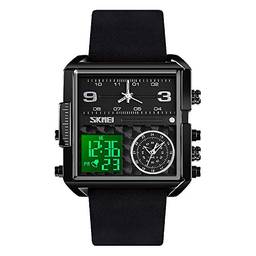 SKMEI Relógio masculino digital esportivo, relógio de pulso analógico de quartzo com mostrador grande, quadrado de LED e cronômetro impermeável multifusos horários, Couro preto leve, 1.78*1.61*0.55 inch, negócios