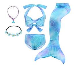 Cotrio Maiô menina sereia conjunto de maiô Princesa sereia 3 peças de biquíni para Cosplay de aniversário de natação de verão com arco de cabelo de flor + colar 9-10 anos azul
