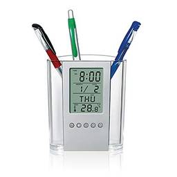 Aibecy Porta-lápis Porta-lápis Digital LCD Secretária Despertador Porta-caneta Calendário Temporizador Temperatura Desktop Relógio eletrônico Escritório