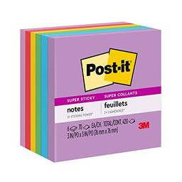 Post-it Notas super adesivas, 7,6 x 7,6 cm, 6 blocos, 2x o poder de colagem, coleção primária divertida, cores primárias (vermelho, amarelo, verde, azul, roxo), reciclável (654-6SSAN)