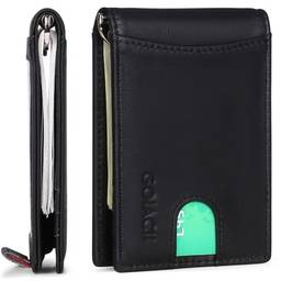 Carteira masculina de couro legítimo bloqueio RFID minimalista fina com clipe de dinheiro bolso frontal carteira, Preto, P