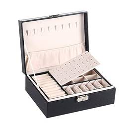 Tomshin Caixa de joias multifuncional caixão de couro pu dupla camada estojo de armazenamento de organizador de joias de grande capacidade para colar de brincos de anéis