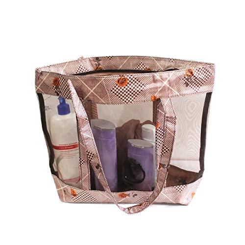 Bolsa de praia feminina Transparente com estampa e zíper + Nécessaire Cor: Marrom
