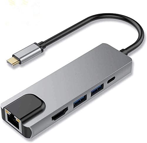 Hyranect Hub USB C, adaptador multiporta USB C Hub, Thunderbolt 3 5 em 1 USB 3.1 Tipo C com 4K HDMI, 1000M RJ45 Gigabit Ethernet, 2 portas USB 3.0, USB C Power Charge para MacBook / ChromeBook Pixel / dispositivos USB-C