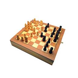 Jogo de xadrez e Dama tabuleiro box em madeira com gaveta 29 X 29 X 5 cm