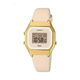 Casio Relógio feminino vintage digital pulseira de couro genuíno com mostrador dourado LA680WEGL-4DF, ouro, pulseira, Dourado, alça