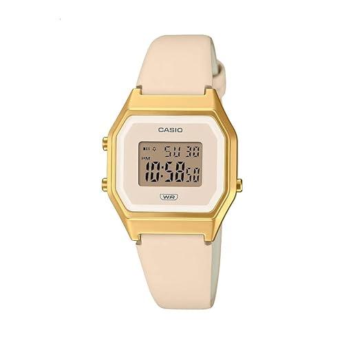 Casio Relógio feminino vintage digital pulseira de couro genuíno com mostrador dourado LA680WEGL-4DF, ouro, pulseira, Dourado, alça